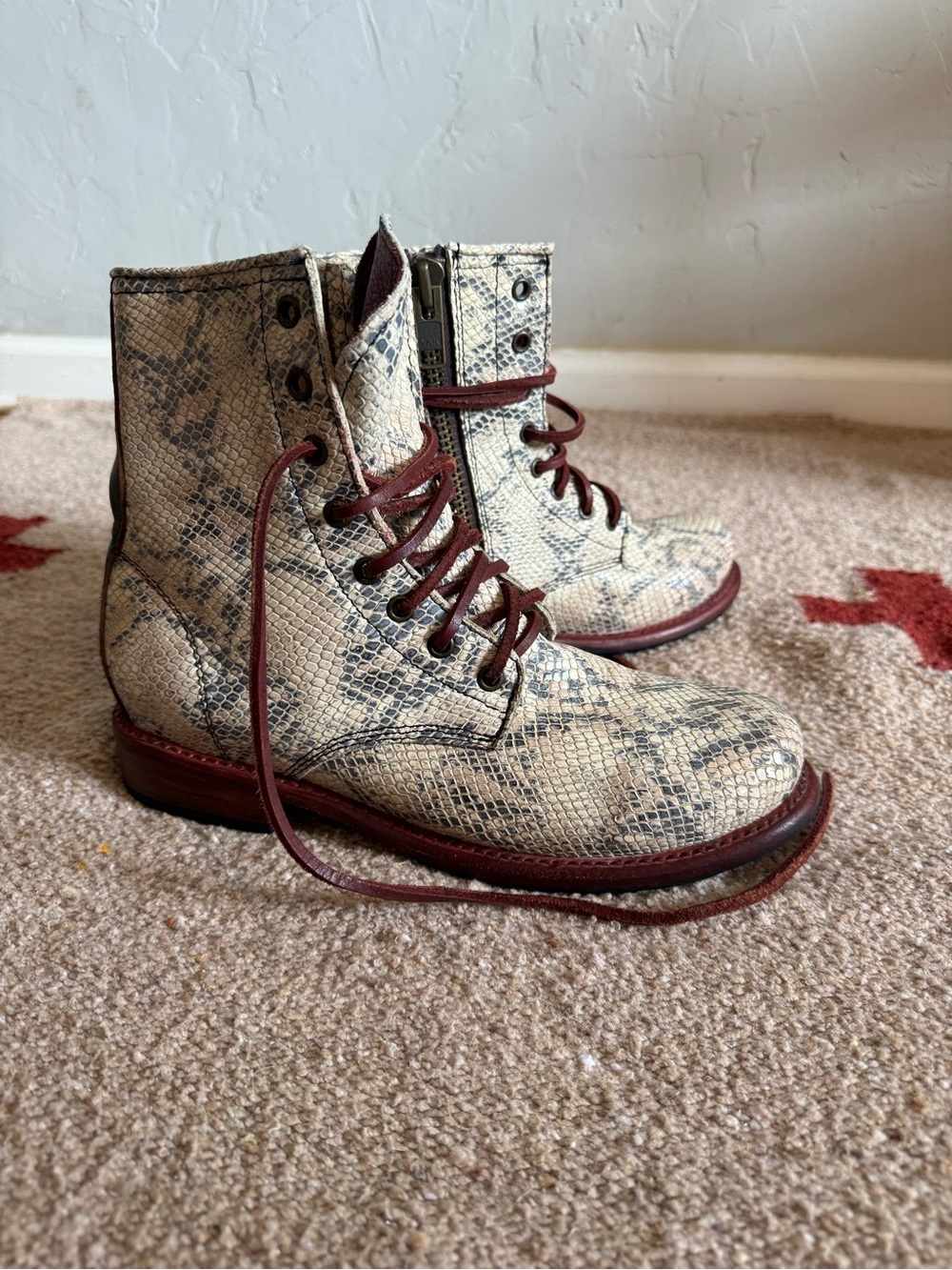 Freebird by Steven Snake-Print Lace-Up Ankle Boots in Cream and Burgundy